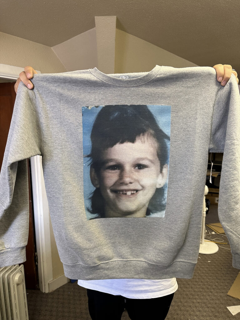 Custom old family picture printed onto sweater for unique family gift at The Print Plug in Nampa