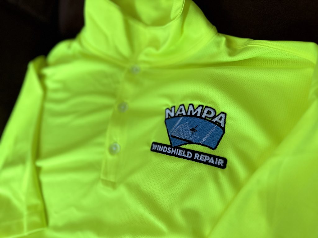 Custom logo embroidery on a yellow hi-vis safety green polo shirt