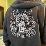 Large embroidered back on a custom hoodie t-shirt for an army vet from The Print Plug in Nampa